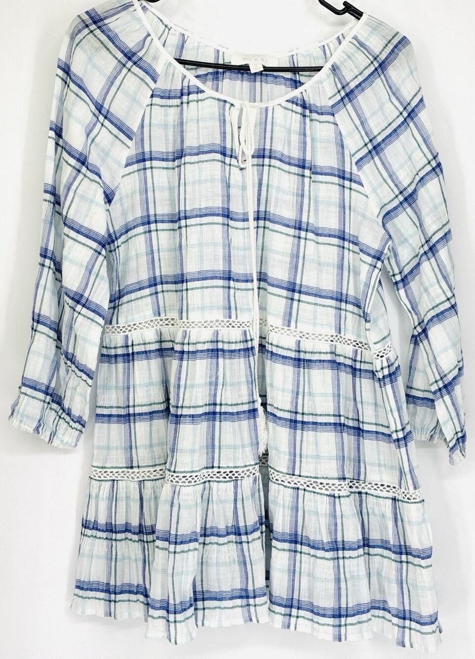 Eri + Ali Anthropologie Blue Plaid Tunic Blouse Women Sm Tassel Oversize Peasant